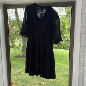 Elegant Black A-Line Dress with V-Neck and Bishop Sleeves